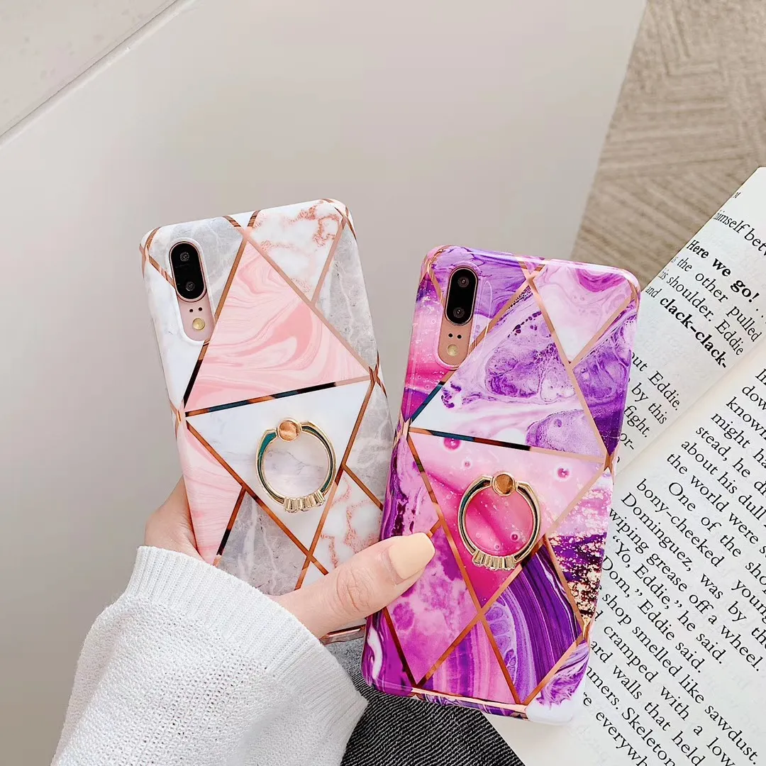 Mobiltelefonfodral rosa lila rhombus marmor finger ring för 6 6s 7 8 plus x xr xs max omslag för 11 11pro