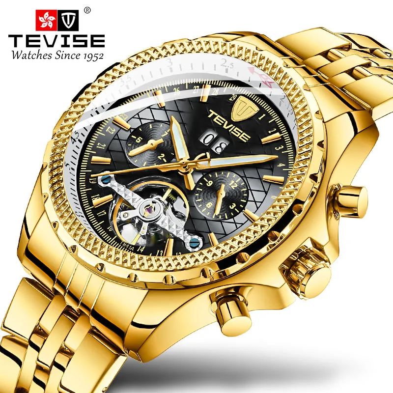 Montre de marque de luxe TEVISE or noir en acier inoxydable automatique hommes montre hommes multifonction étanche horloge Relogio Masculino