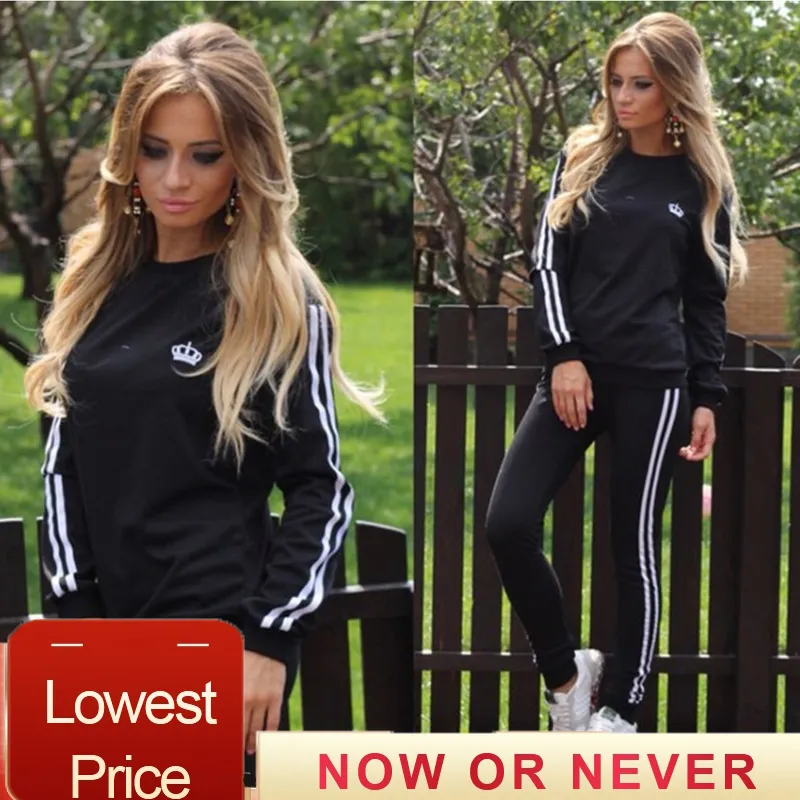 Striped Outfit: Long Sleeve Spring Black Track Pants Women And Tops Set  With Casual Tracksuit From Glenan, $16.88