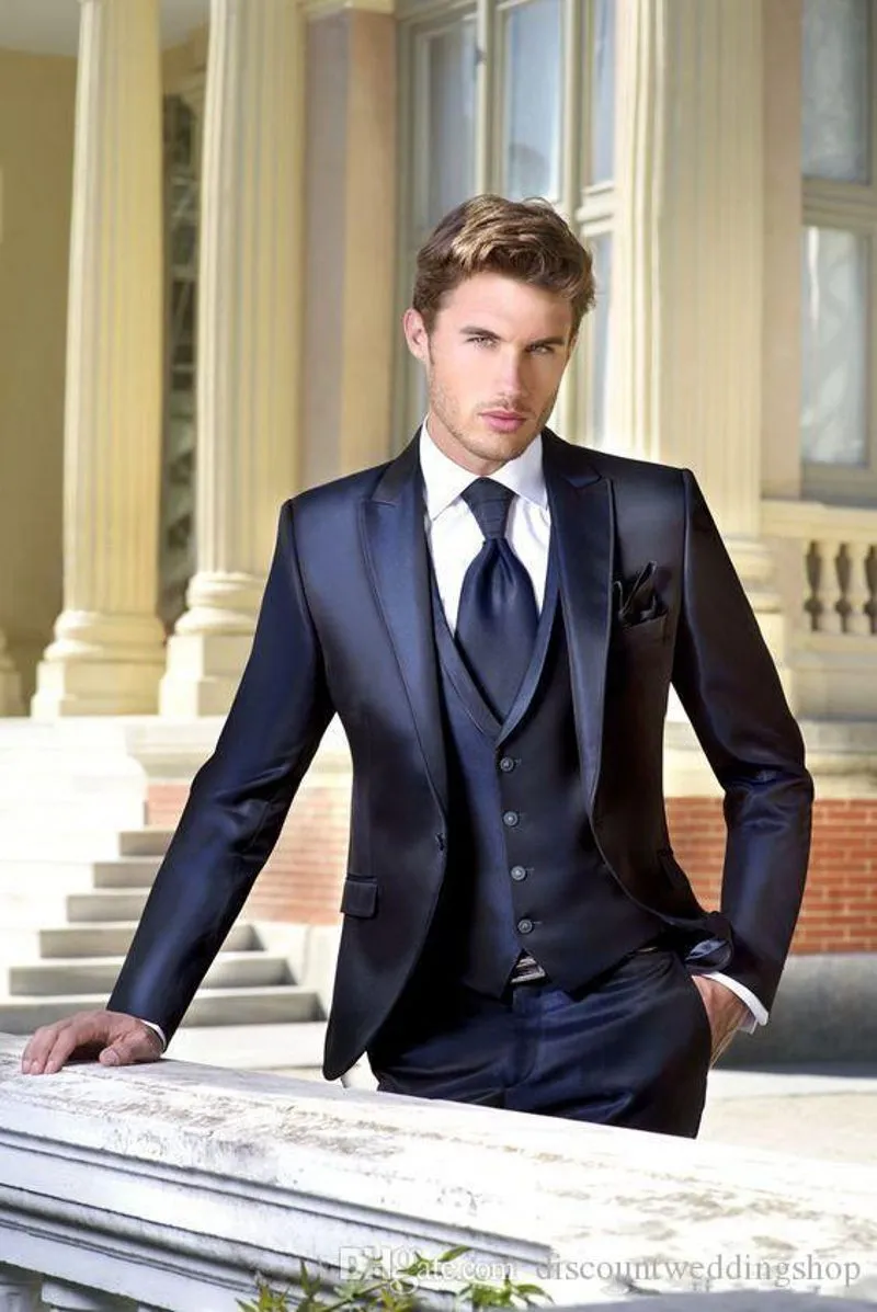 High Quality Shiny Navy Blue Man Work Suit Peak Lapel Groom Wedding Tuxedos Mens Prom Blazer Party Suits (Jacket+Pants+Vest+Tie) J673