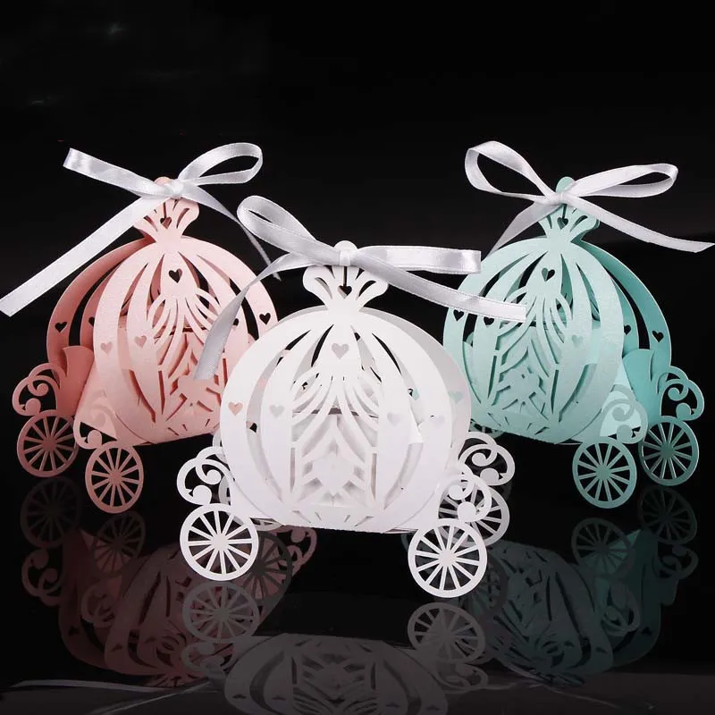 2019 50pcs Laser Cut Pumpkin Carriage Wedding Candy Favor Box Pearl Color Paper Candy Box Baby Shower Birthday Gift