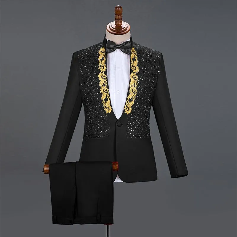 Weißer bestickter Anzug für Männer, Diamant-Hochzeit, Bräutigam, Smoking, Anzüge für Männer, Bühnensängerin, Kostüm, Homme, Party, Abschlussball, Herrenanzüge mit Hosen203I