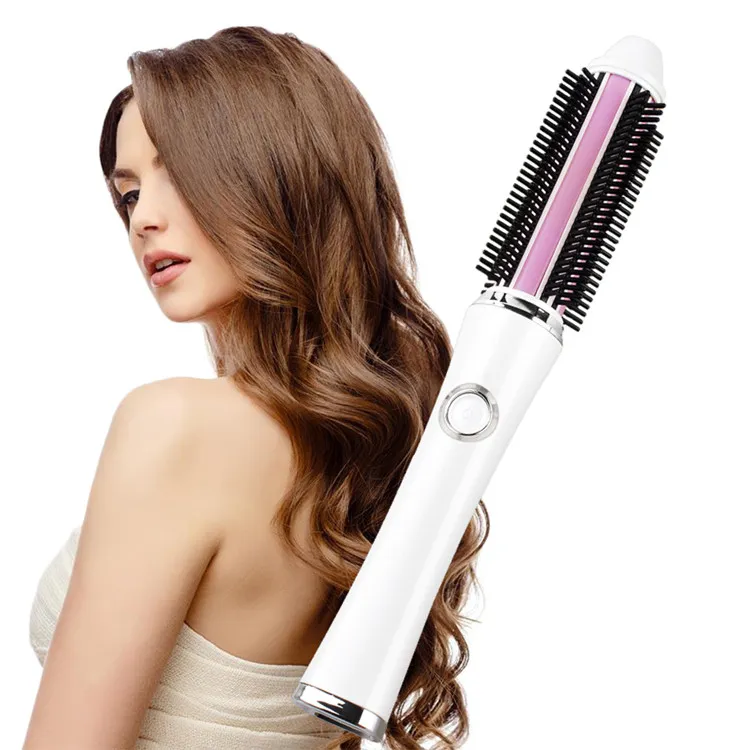 2018 New Portable Hair Curler Brush 2 in 1 Straightener Iron Rechargeable Battery Electrical Curling Brushes Straightening Comb