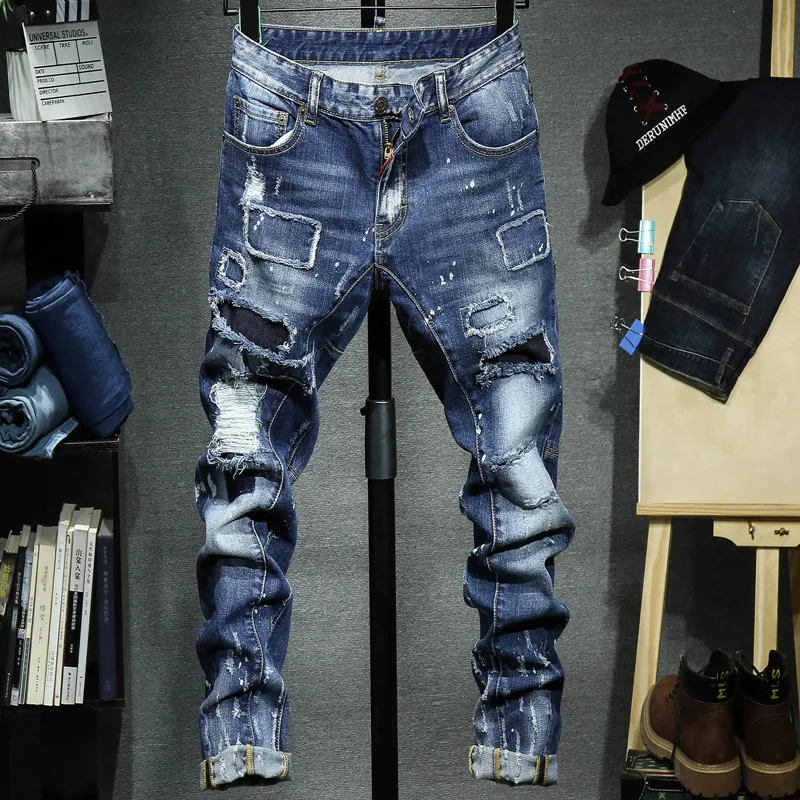 2019 nya mode män rippade hål jeans high street motorcykel biker jeans män hip humle slim blå byxor