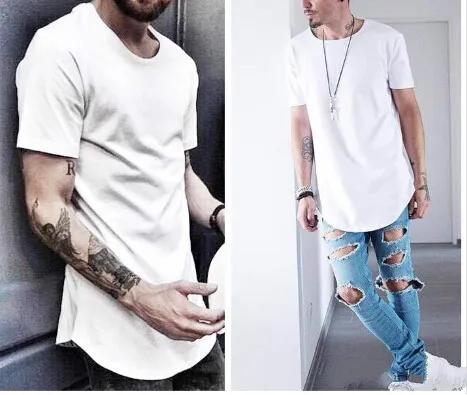 Moda-Curved Hem Hip Hop T-shirt Men Urban Kpop Extended T shirt Plain Longline Men T-shirts Roupas Masculinas