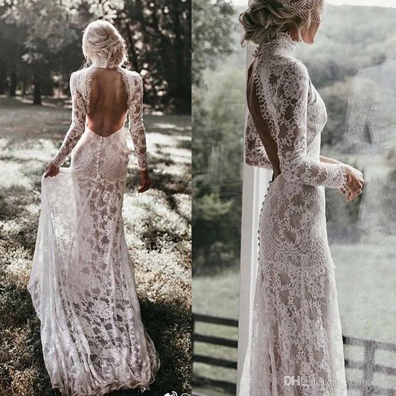 Vintage Full Lace Mermaid Wedding Dresses Long Sleeves HIgh Jewel Neck Backless Sweep Train Wedding Dress Bridal Gowns Vestidos De Noiva