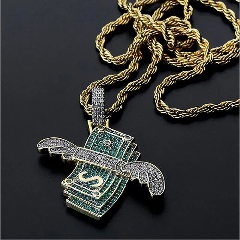 Iced Out CZ Bling Flying Dollar Bill Pendant Necklace Mens Micro Pave Cubic Zirconia Simulated Diamonds Gifts Necklace