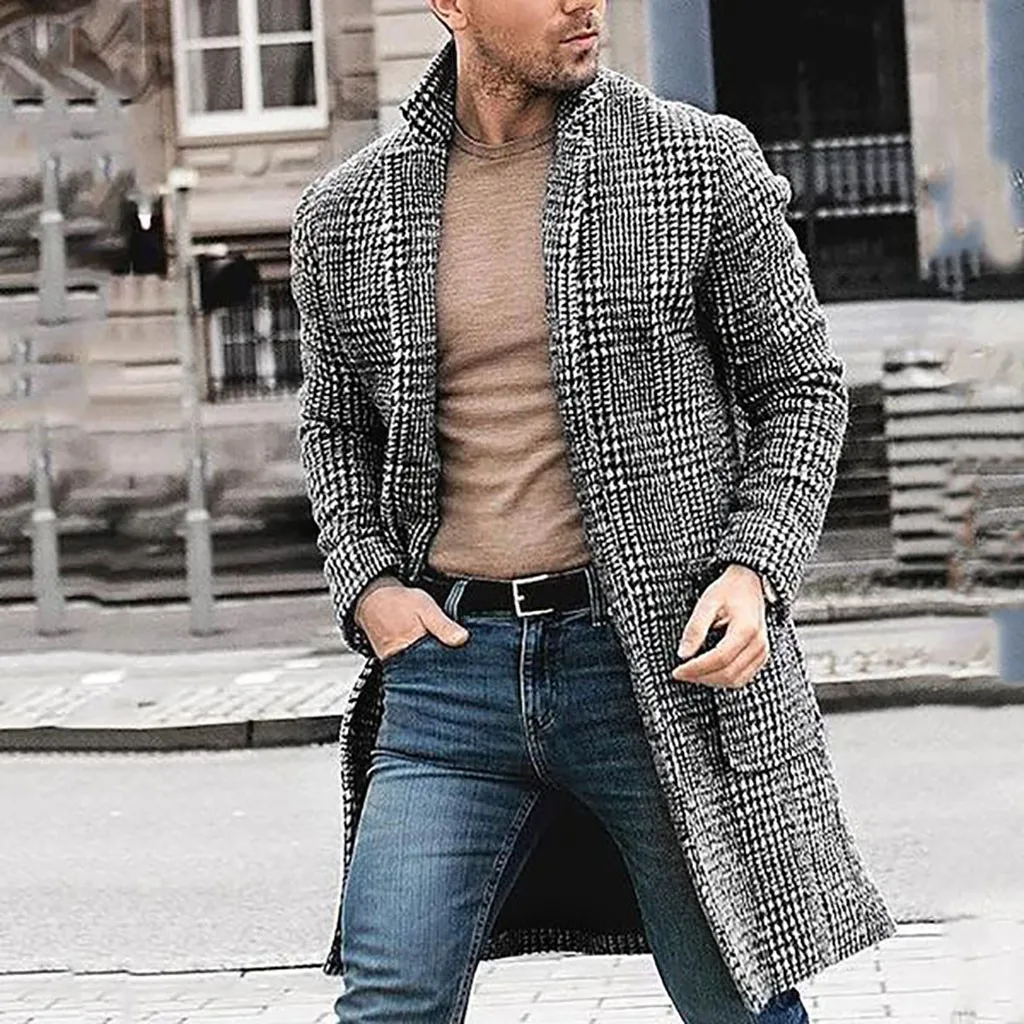 2020 Men's Woolen Jacket Casual Winter Fashion Hounstooth Gentlemen Long Coat Jacket Outwear Winter New Style Simple Long Sleeve