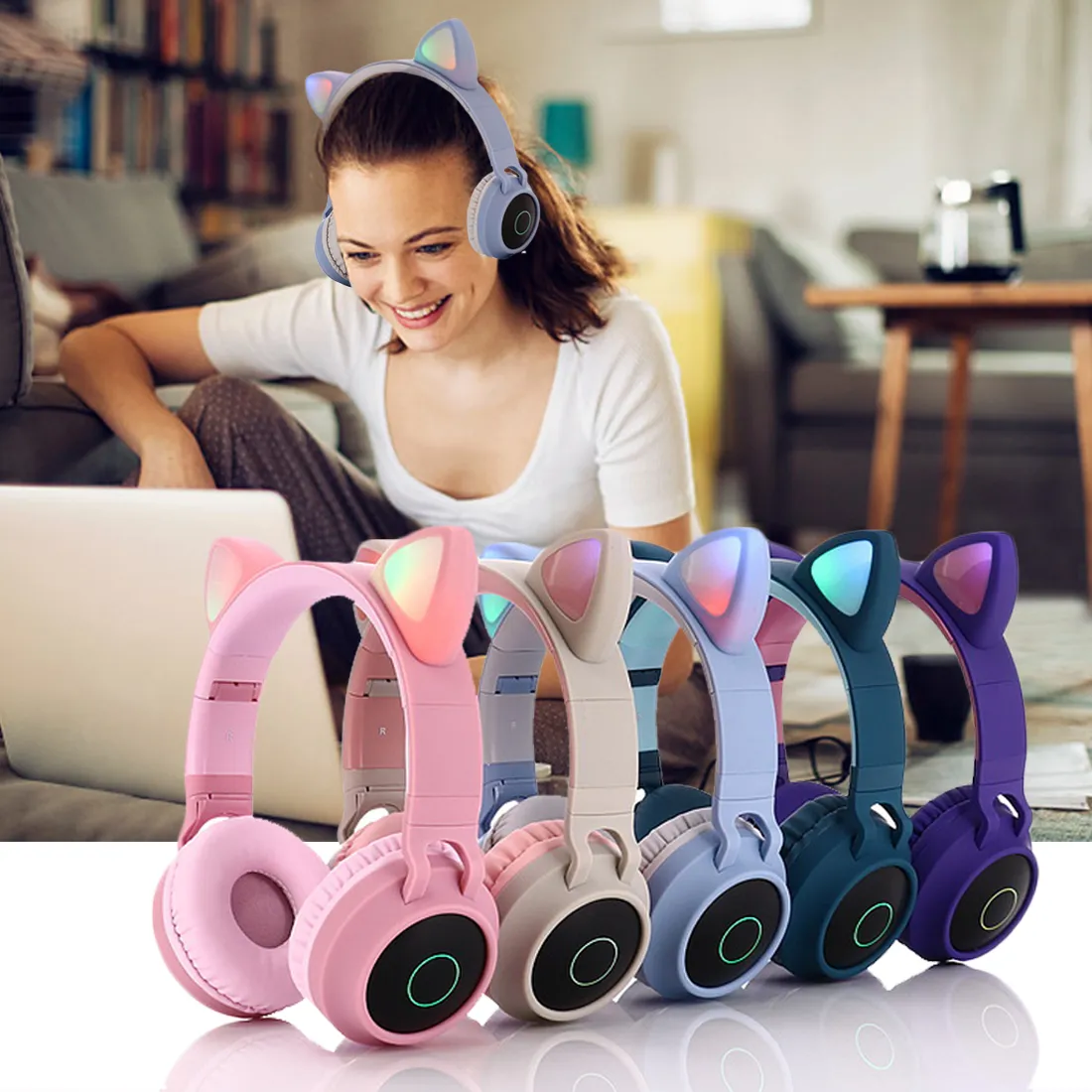 Fantasia LED piscando Fox Ear Bluetooth Headphone Over-ear incandescência Music Video fone de ouvido para Tablet Laptop celular Nightclub Party Girl ouvido Headset