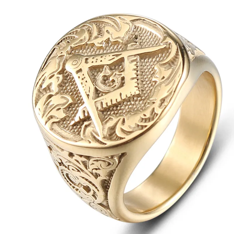 Fashion titanium roestvrij staal gouden vrijmetselaars ring juweel voor mannen retro punk gouden ag vrijmetselaar ring metselaar sieraden groothandel