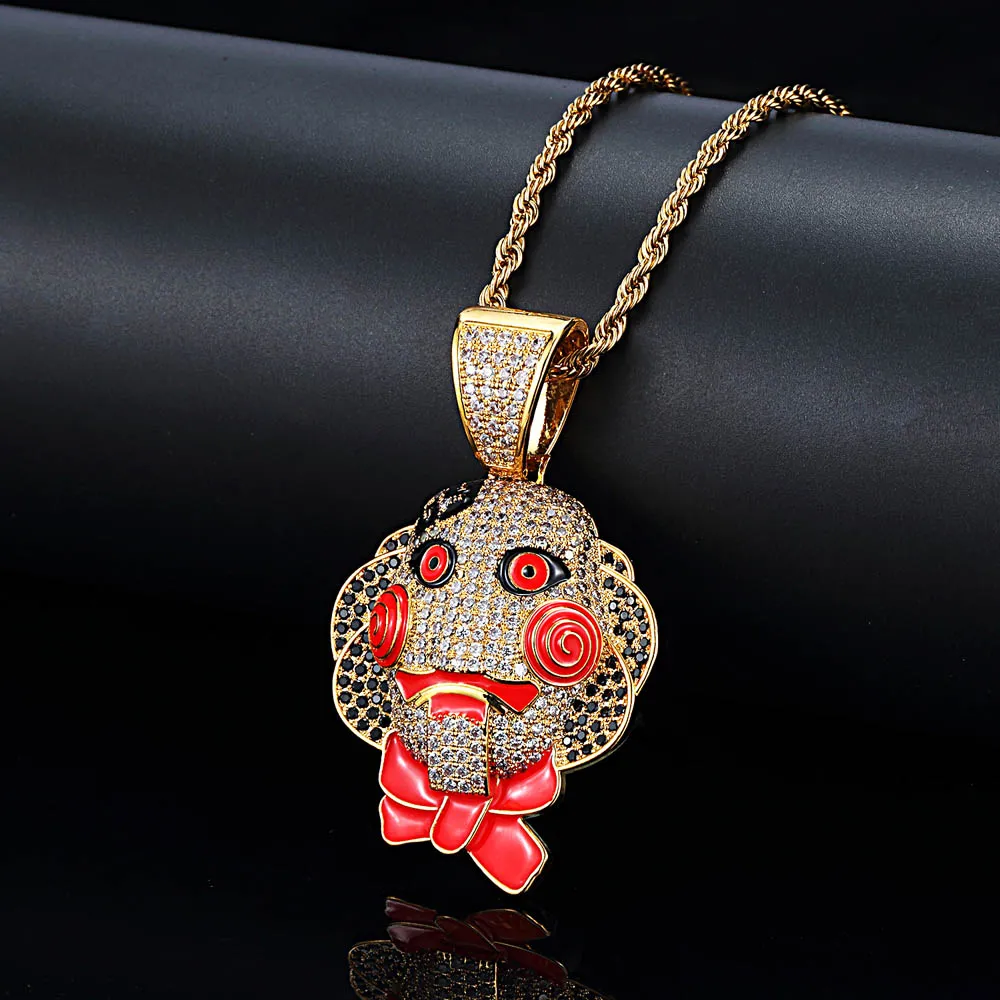 Haute Qualité Micro Full CZ Tronçonneuse Thriller Masque Cuivre Coulée Visage Pendentif Collier Hiphop Hipster Hommes Femmes À La Mode Punk Rappeur Bijoux