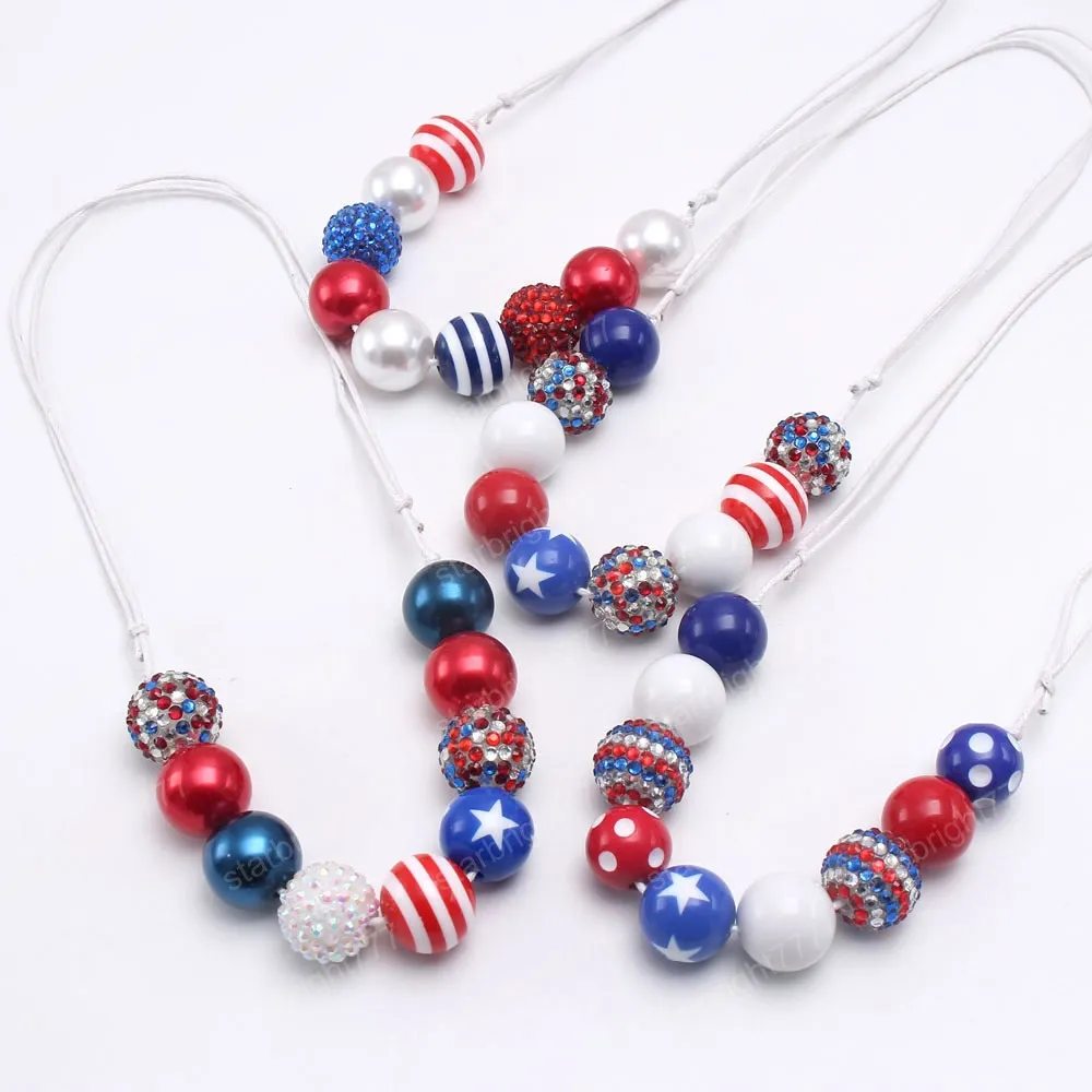 New Fashion 4th July USA style kids children bubblegum beads necklace adjustable rope jewelry for baby girls gift