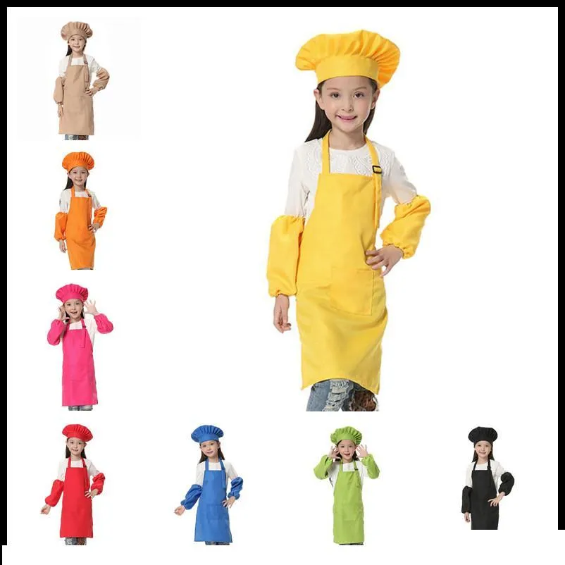 Julklappar Barnkök Midjor 12 färger Kids Förkläden med Sleevechef Hattar för målning Matlagning