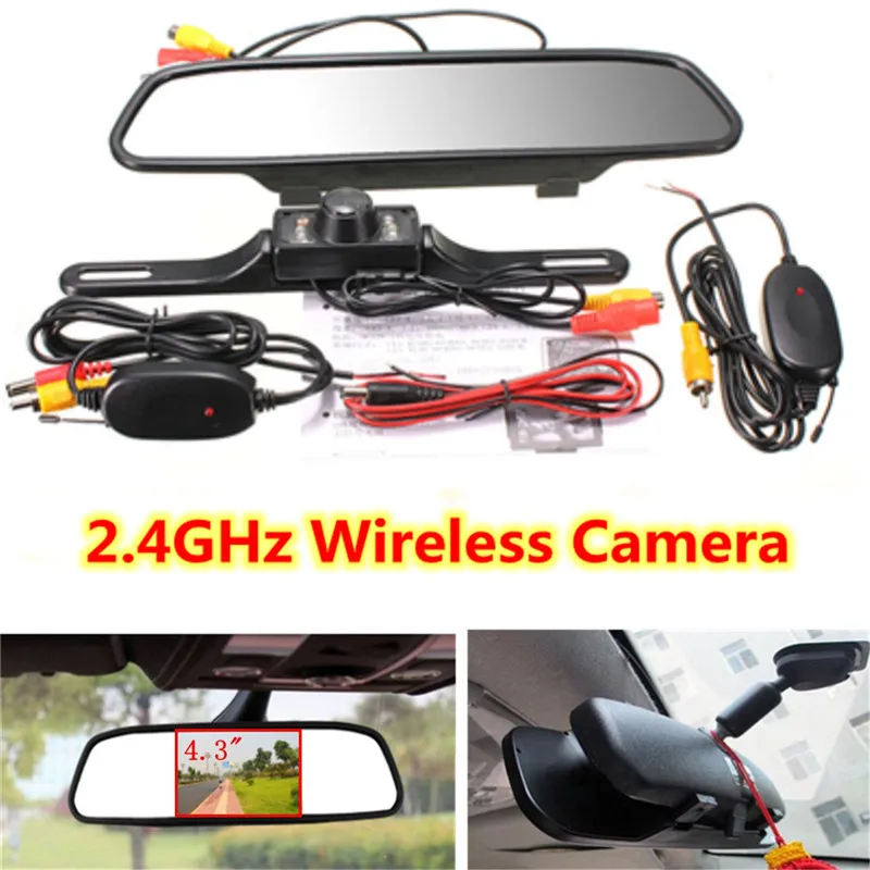 Freeshipping Wireless Reverse Auto Achteruitrijcamera 4.3 "TFT Achteruitkijkspiegel Monitor HD Video Parking LED Night Vision CCD Backup Cameras Kit