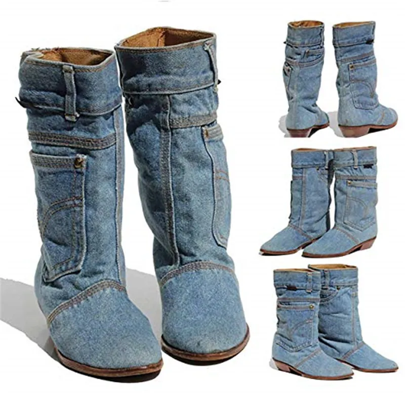 Plus Size US 4-12 2019 Mode Kvinnor Cowboy Boots Ny Style Western Casual Half Sexy Low Heels Solid Blue Slip-On Denim Boots Partihandel