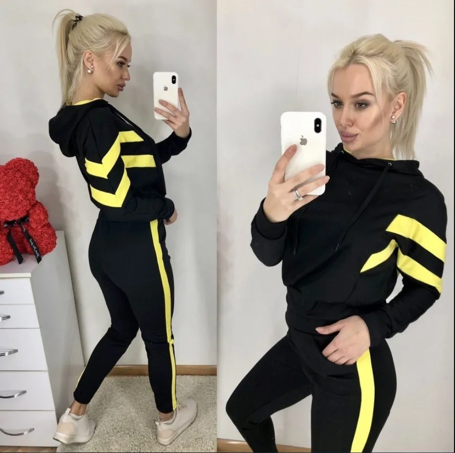 2019 Ropa deportiva para mujer Sudadera con capucha y sudaderas Negro Blanco Oto o Invierno Jogger Traje deportivo Trajes de sudor para mujer Conjunto