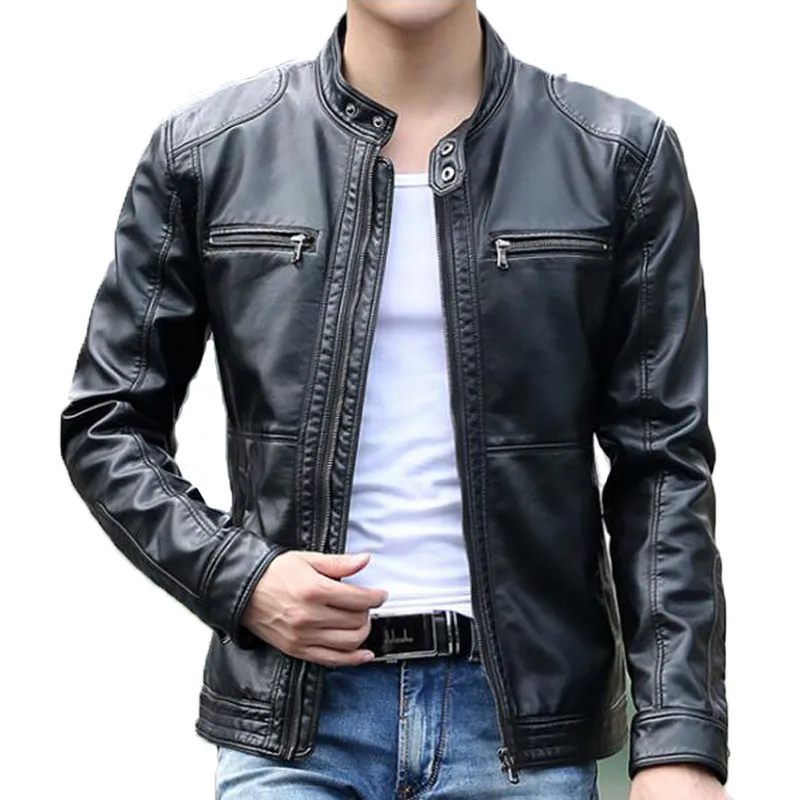 Chaqueta de cuero para hombre, abrigo con cuello levantado, abrigo informal de cuero para motocicleta, chaquetas de piel de oveja para hombre, abrigos cortavientos