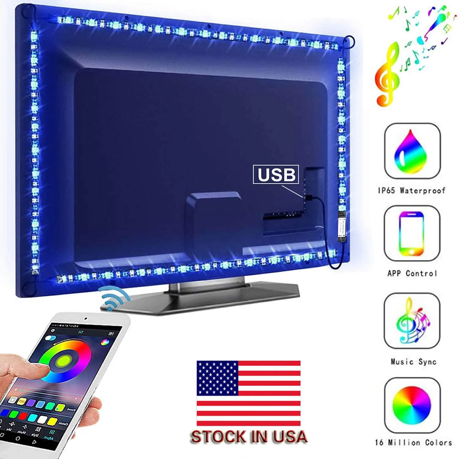 Светодиодные полосы света, LitSoul RGB освещение акцента Синхронизация музыки, App Control, 9.8ft RGB Bias света для ТВ, Bed Room Decor, Питание от порта USB