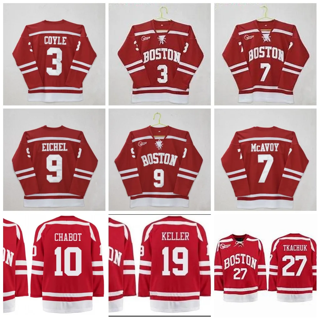 Boston 3 Charlie Coyle Üniversitesi Vintage Beyzbol Forması 7 Charlie McAvoy Jack Eichel Clayton Keller Brady Tkachuck