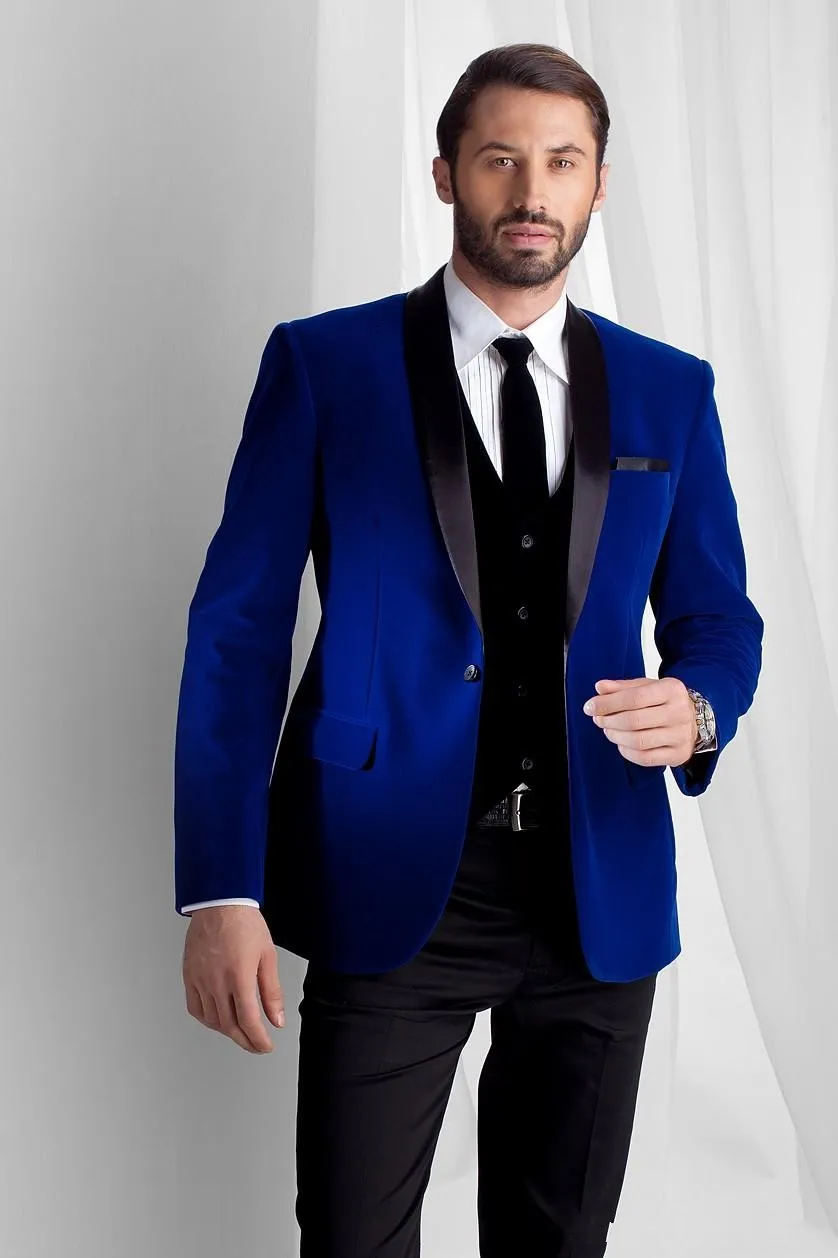 Royal Blue Velvet Groom Tuxedos Szal Kapel Groomsmen Suknia Ślubna Doskonała Kurtka Mężczyzna Blazer 3 szt. Garnitur (Kurtka + spodnie + kamizelka + krawat) 1182