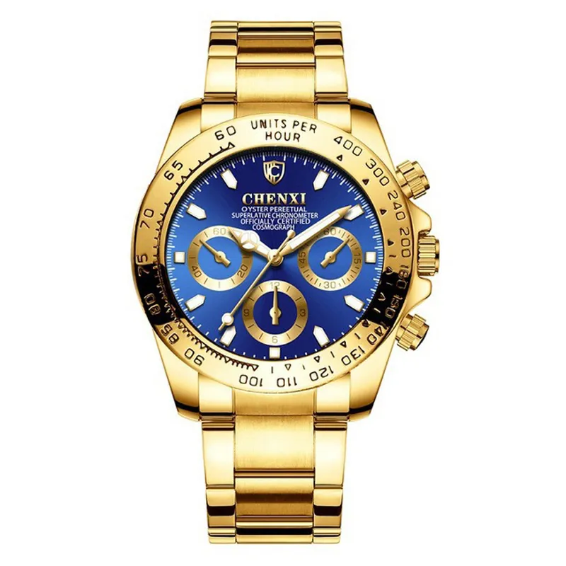 CHENXI Stainless Steel Quartz Watches High Quality Gold Bezel Gold Dial 3 Decorative Dial Stainless Steel Strap 001 Gift for Men