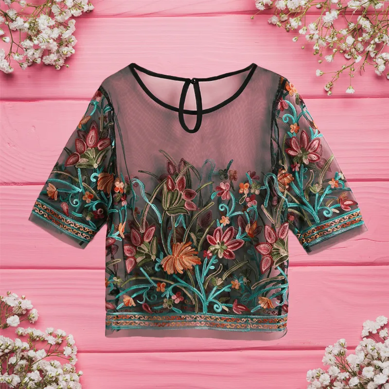 Sheer black top with floral embroidery shop