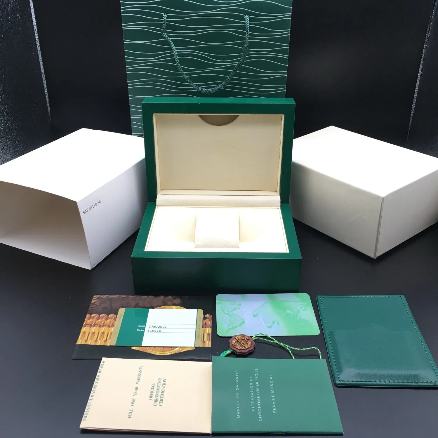 Toppkvalitet Bästa Dark Green Watch Box Present Woody Case för Rolex Klockor Häfte Kort Taggar och papper i engelska Schweiziska klockor