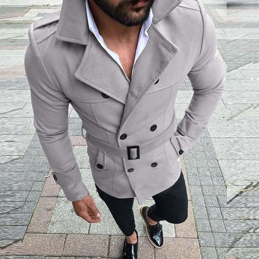 Wool Trench Coat Outerwear Turn-Down Collar England Double Breasted Slim Fit Wool Overcoat with Belt Men Jacket casaco masculino