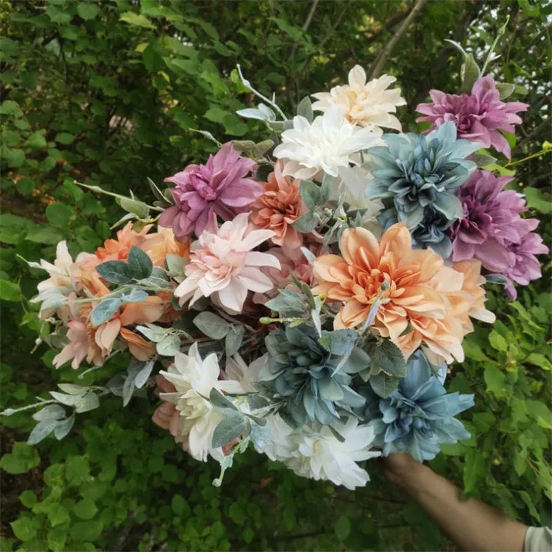 Fake Long Stem Autumn Dahlia Flower Branch Simulation Oil Painting Dahlias for Home Wedding Decorative Artificial Flower