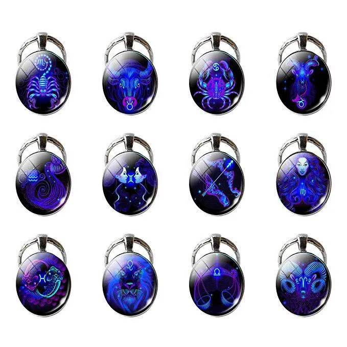 12 Constellation Keychain Zodiac Chaveiro redondo sinal Pingente de vidro Chaveiro Keyfob para bolsa Bolsas Car Key presente Xmas Charme