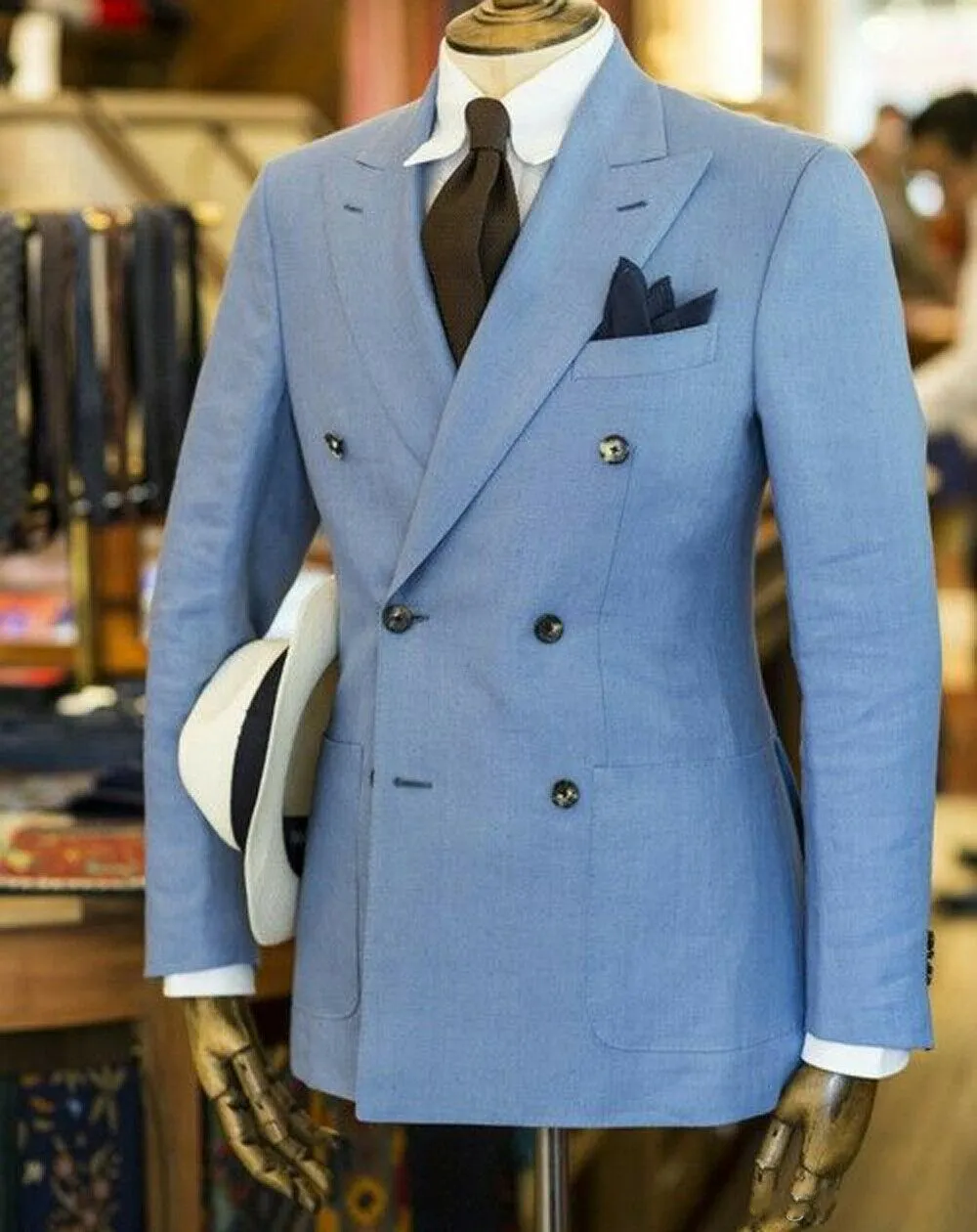 Sıcak Satış çift Breasted Açık Mavi Düğün Erkekler Tepe Yaka İki adet İş Damat smokin (Ceket + Pantolon + Kravat) W1226 Takımları