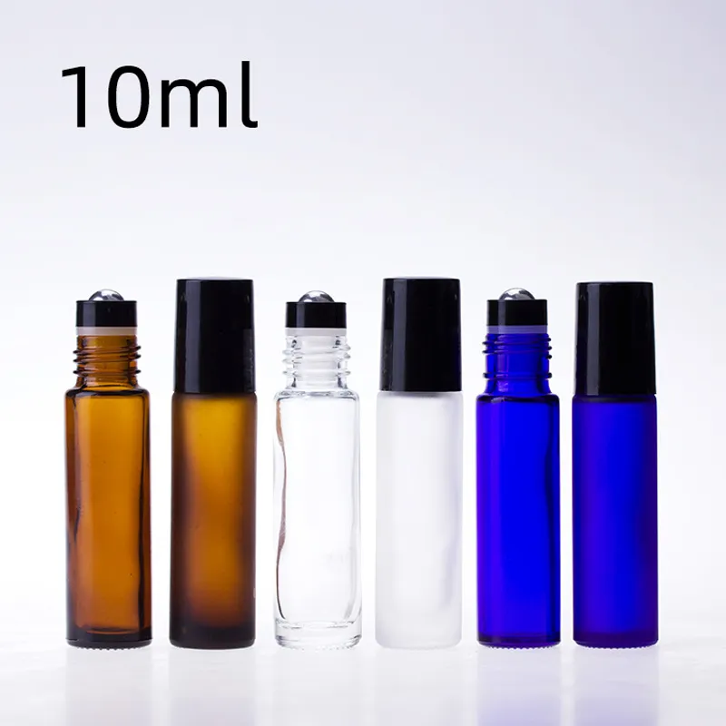 10ML Amber/Blue/Clear Glass Roll on Bottle Essential Oil Vials with Metal Ball Roller Aromatherapy Perfumes Package Container