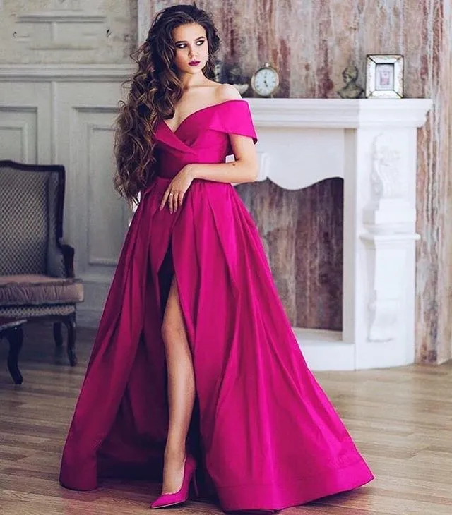 Abiti da sera Fushcia Split Side Abendkleider 2019 Neu Ladies Prom Gowns Satin Womens Occasion Dress