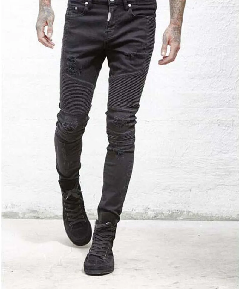 Calças de brim magros dos homens pista magro motociclista jeans denim joelhos buracos calças hiphop lavado alta qualidade