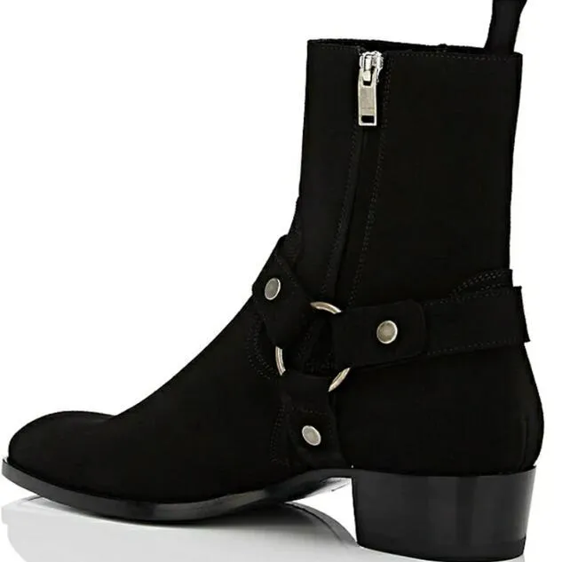 DHgate Mens Wyatt Genuine Leather Slp Harness Ankle Boots Black Calf Leather Classic Belted Suede Shoes Shoes Accessories
