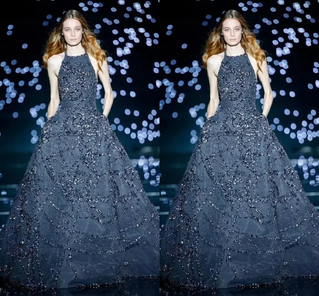 Elie Saab Dark Navy Tulle Halter Neck A-Line Evening Dress Floor-Length  Formal Gown from Dhgate Prom Dresses - price 188.98