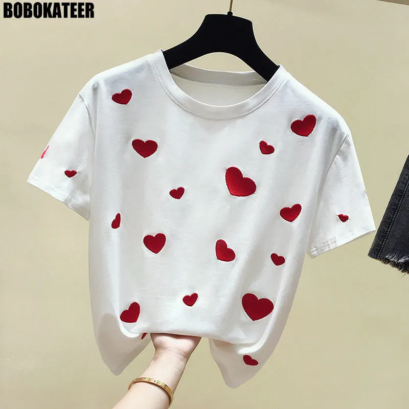 Bobokateer Moda Donna T-shirt Ricamo Cotone Bianco T Shirt Donna Top Estate Manica corta Maglietta nera Femme Nuovo 2019 Y19051301