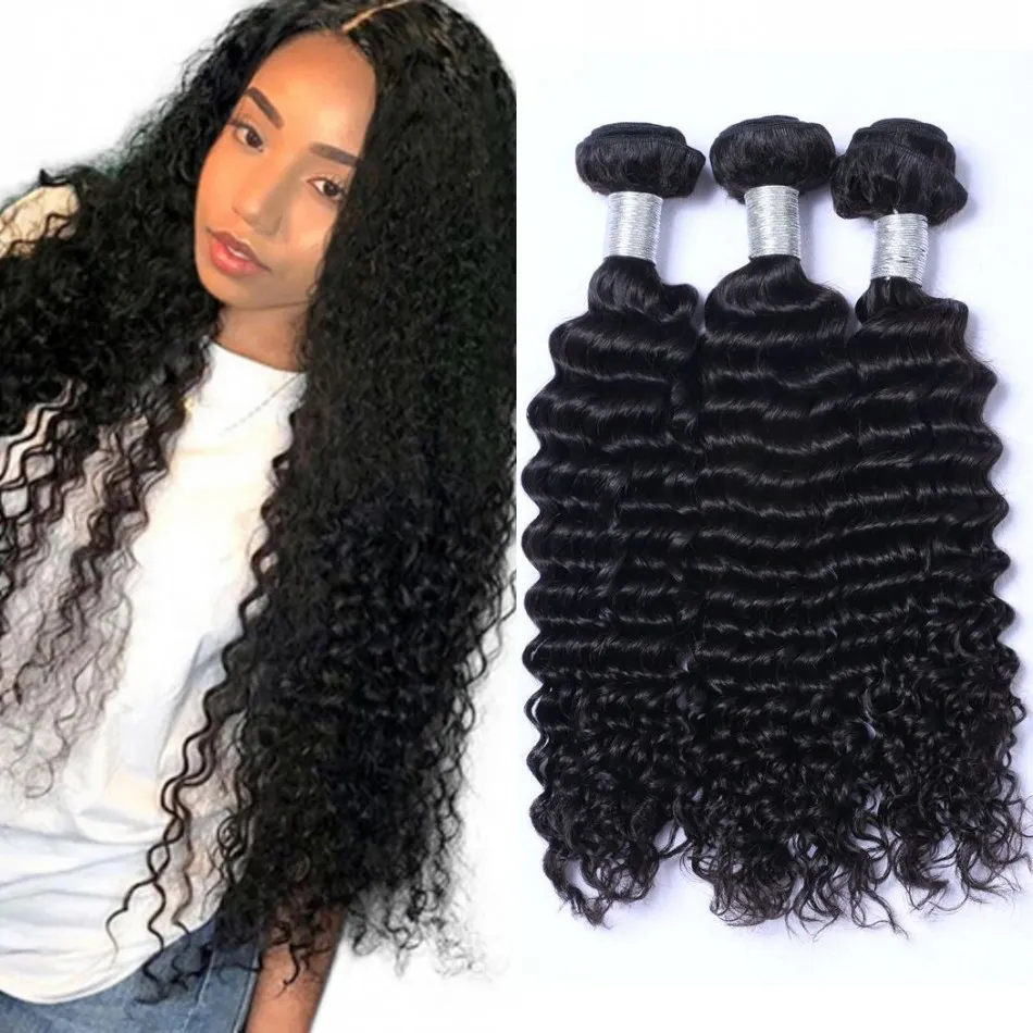 Maleisische mensenhaar weeft 3 bundels Deep Wave Virgin Hair Extensions Natuurlijke kleur krullend haar