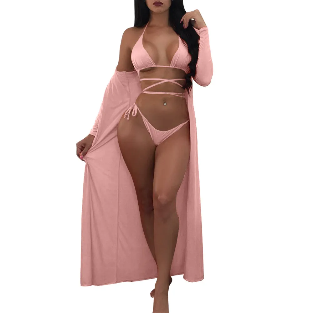 Fashion-European and American loose large size women's three-piece beach bikini long sleeve sun protection cape