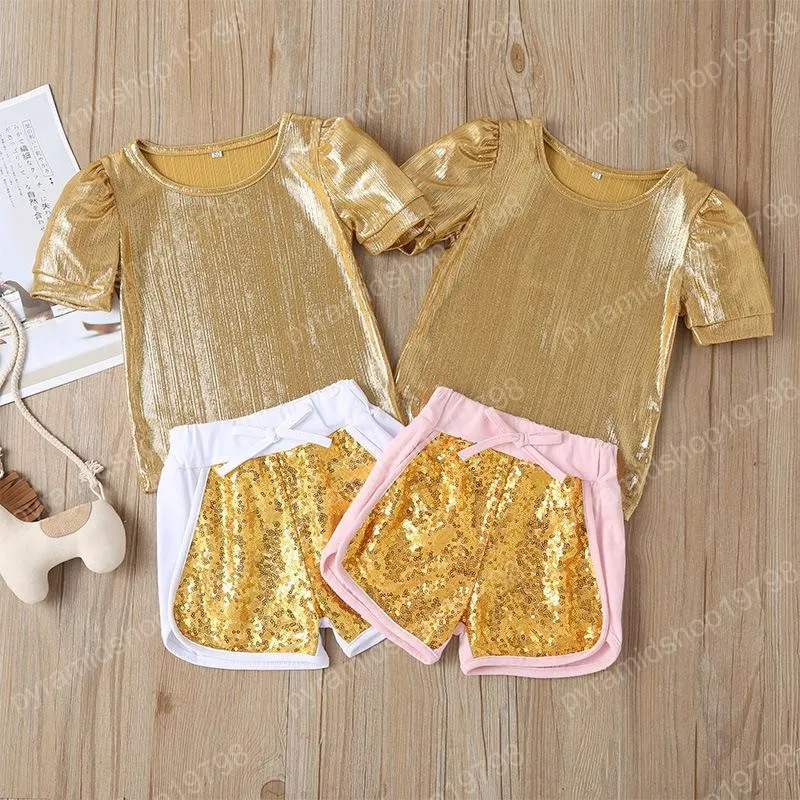 Filles or hauts + pantalons à paillettes ensemble été 2020 enfants Boutique vêtements 0-4T petites filles manches courtes T-Shirts 2 tenues PC