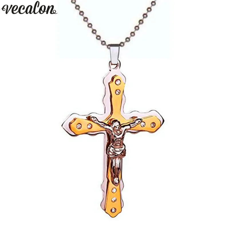 Vecalon Христианский крест Кулон с ожерельем для мужчин, женщин, нержавеющей стали 316L, Кристалл ожерелья 2 цвета
