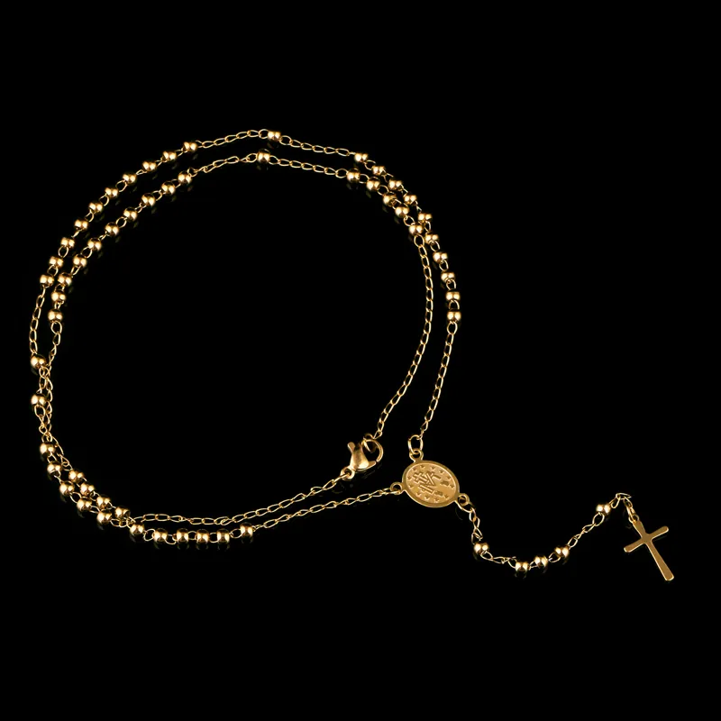 olowu Antica Collana di Perle Croce di Gesù Collana Lunga in Acciaio Inossidabile Colore Argento Gioielli Rosario Cristiano Religioso Le Donne