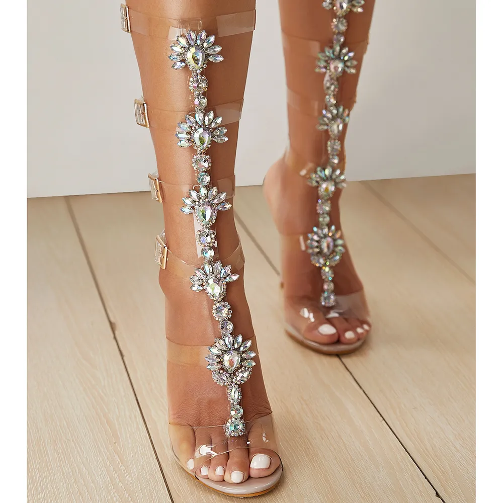 Plus size 35 to 40 41 42 Luxury rhinestone sandals nude PVC transparent T strap ankle wrap high heels women designer sandals