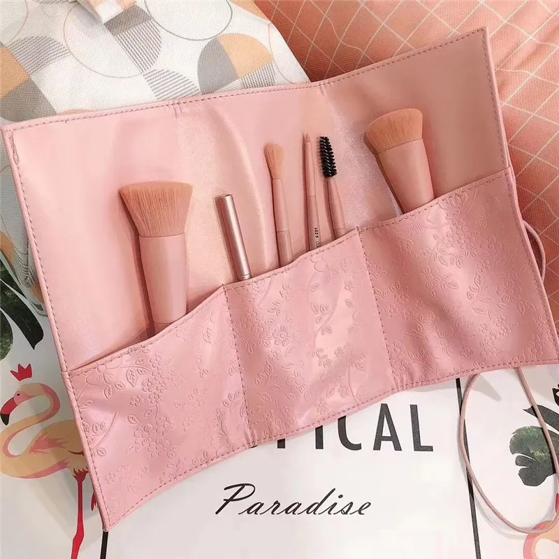 Mini ensemble de pinceaux de maquillage 6 pièces, fond de teint portable de voyage, poudre libre, ombre à paupières, correcteur, sourcils, rose, Kit de pinceaux de maquillage avec sac