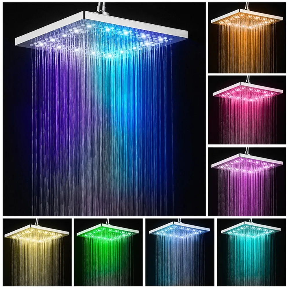 2021 새로운 6 인치 LED 다채로운 변색 스테인레스 스틸 샤워 강우량 비 샤워 헤드 고압 Rainshower 스퀘어 욕조 수도꼭지