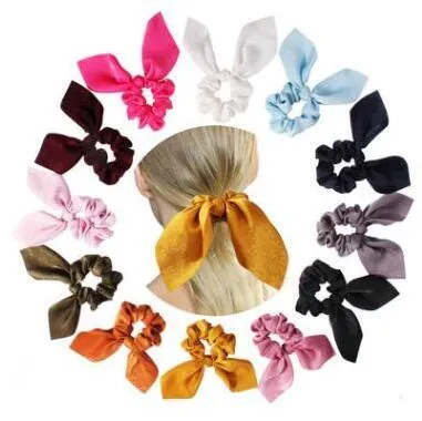 Páscoa Orelhas de coelho cabelo fita Scrunchie elástico Heandbands Bow Scarf Rubber Ropes Sólidos D38 hairband Meninas Acessórios de cabelo 15colors