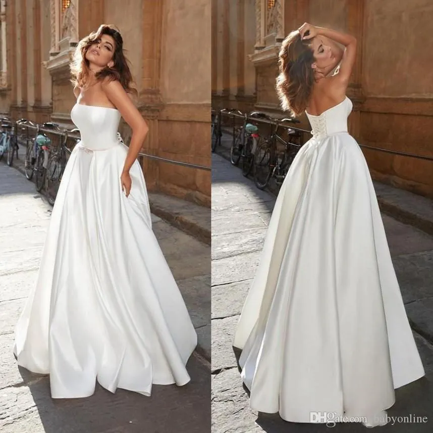 Moderne eenvoudige goedkope strapless jurk plooien satijnen vloer lengte trouwjurken bruidsjurken gewaad de mariee vestidos de noiva