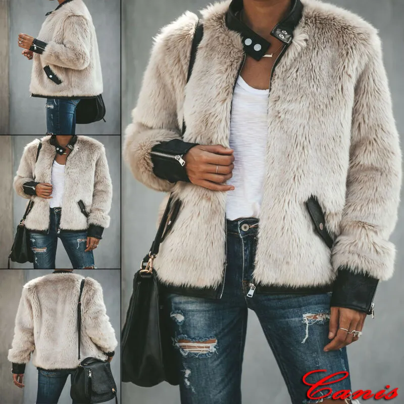 Winter Plush Stitching Leather Jacket Plus Size Womens Winter Teddy Bear Fleece Fur Fluffy Coat ZIipper Jackets Jumper Outwear