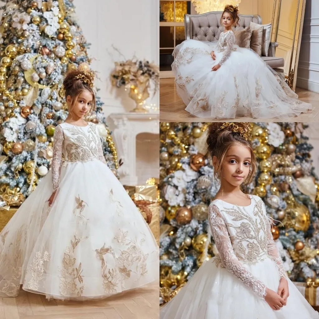 2020 Princesa Flower Girl Vestidos para Casamento Lace Appliques Jewel Decote Longo Mangas Cute Girls Pageant Dress Kids Communion Vestido Al5082