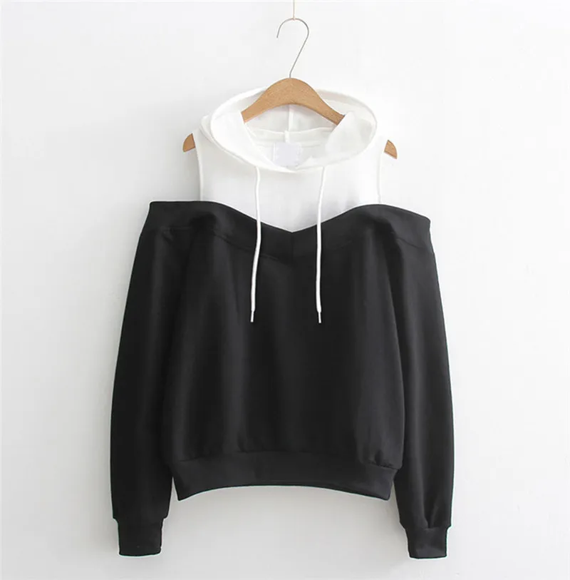 Hoodies Women Sweatshirts Young Girls Sexy Off Shoulder Double Color Hoodie  Sweatshirt Patchwork Hooded Top Coat From Zhangyixi, $28.03